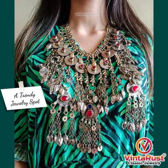 Jewelry - Vintage Afghan Necklace Embellished with Fish Motifs, Oversized Chokers